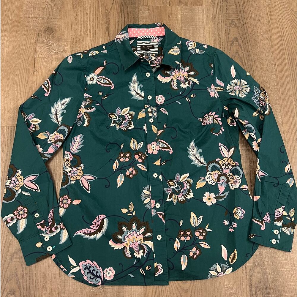 Talbots Dark Floral Button Up Collared Shirt - Petite